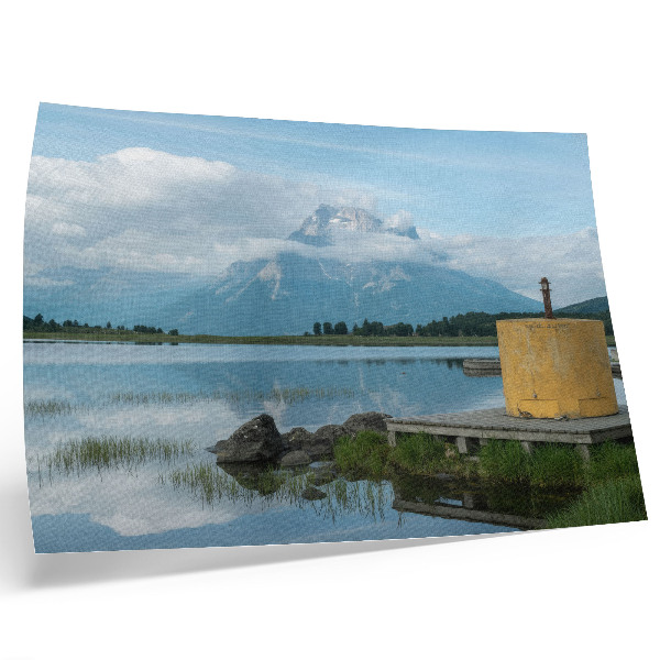 Lámina para cuadro Montañas, lago, nubes, puente