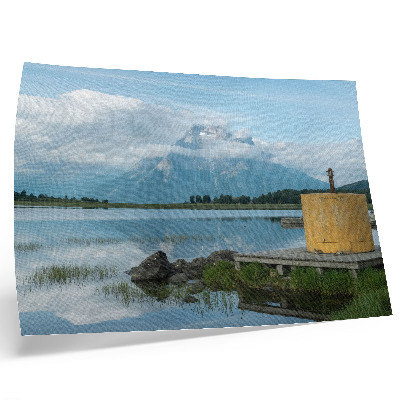 Lámina para cuadro Montañas, lago, nubes, puente