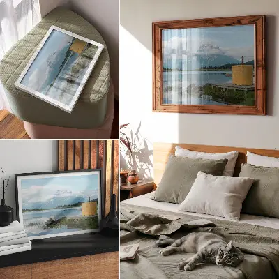 Lámina para cuadro con diseño de montañas, lago, nubes y puente