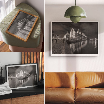 Arte de pared arquitectura monocromática con reflejo en el agua