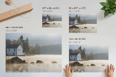 Póster paisaje de lago con cabaña entre árboles en otoño