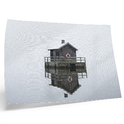 Póster Cabaña de madera junto al agua, simetría, minimalismo.