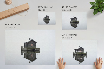 Póster Cabaña de madera junto al agua, simetría, minimalismo.