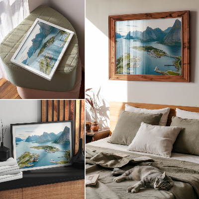 Póster Fiordos, montañas, ciudad, paz y armonía.
