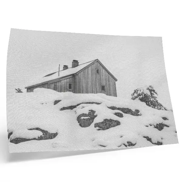 Arte de pared casa de invierno minimalista con fondo de nieve