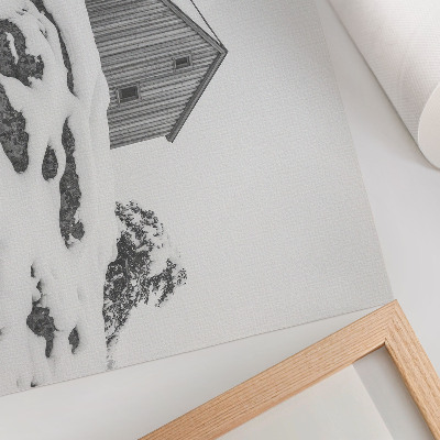 Arte de pared Una casa de invierno minimalista con la nieve como telón de fondo.