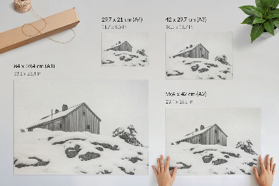 Arte de pared Una casa de invierno minimalista con la nieve como telón de fondo.