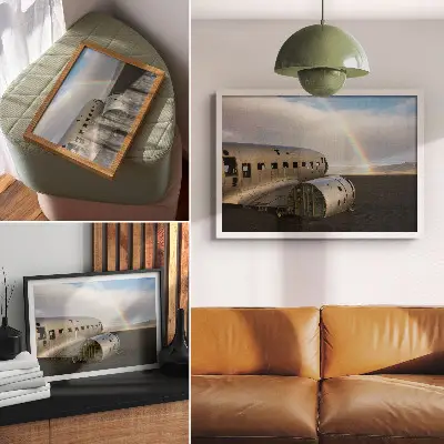 Arte de pared restos metálicos de un avión con un arcoíris de fondo