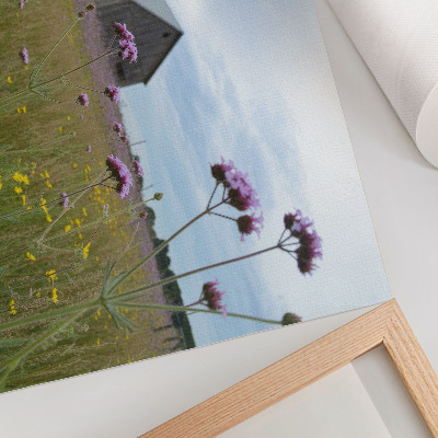 Póster Pradera de flores moradas y amarillas en un granero de campo
