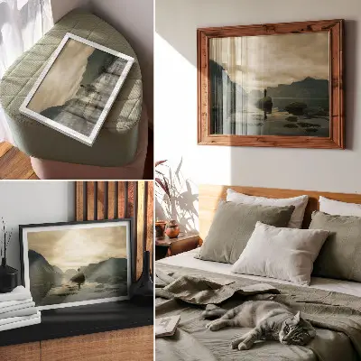 Póster paisaje de montañas y lago con persona representando paz y naturaleza