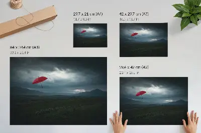 Lámina para cuadro de paraguas rojo con nubes oscuras y paisaje de montañas