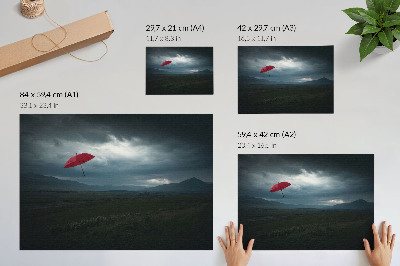 Lámina para cuadro Paraguas rojo, nubes oscuras, paisaje de montañas