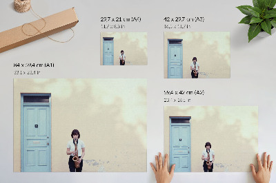 Póster Minimalismo, colores vivos, paz, música en la puerta.