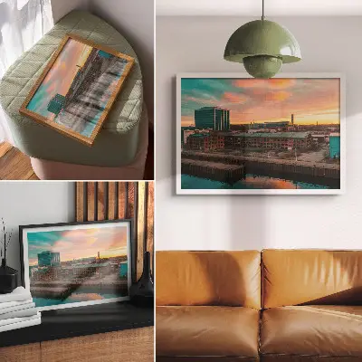 Arte de pared edificios industriales al atardecer en un ambiente tranquilo