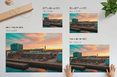 Arte de pared Edificios industriales, puesta de sol, ambiente tranquilo