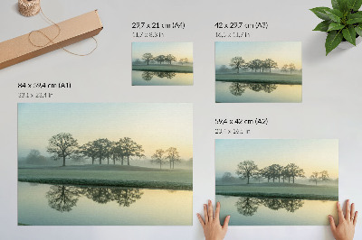 Lámina para cuadro Superficie del agua en calma, reflejo de los árboles, niebla suave.