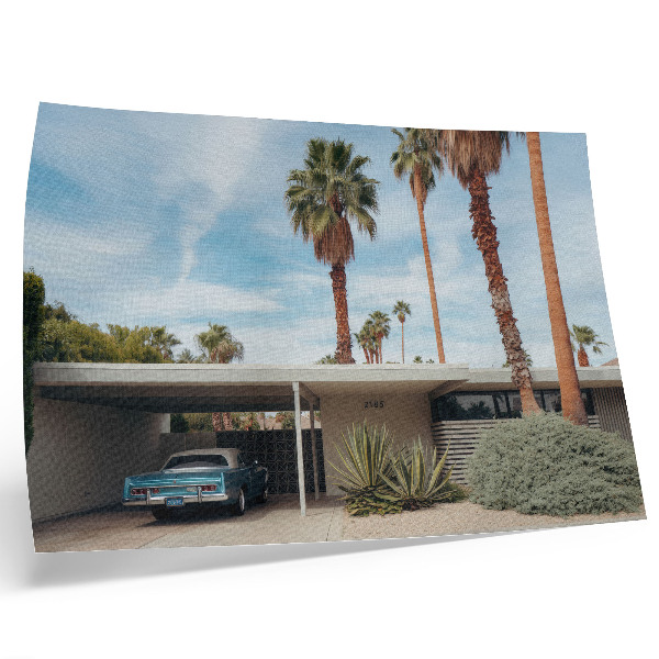 Póster Palmeras exóticas, casa modernista, coche clásico