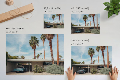Póster Palmeras exóticas, casa modernista, coche clásico