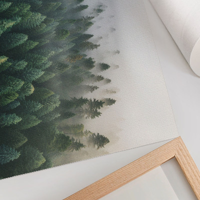 Póster Bosque verde envuelto en la niebla, atmosférico y misterioso.