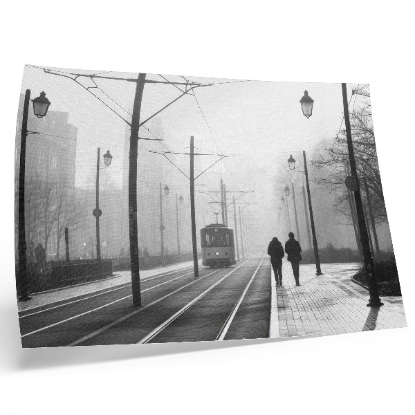 Arte de pared Tranvía, niebla, farolas, ambiente urbano