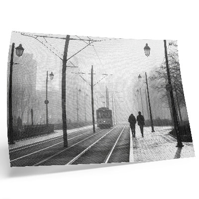 Arte de pared Tranvía, niebla, farolas, ambiente urbano