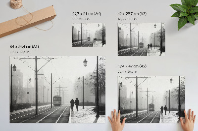 Arte de pared Tranvía, niebla, farolas, ambiente urbano