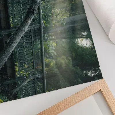 Póster de un puente de madera entre vegetación y luz solar