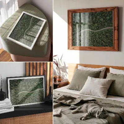 Póster carretera serpenteante en un bosque verde con ambiente tranquilo