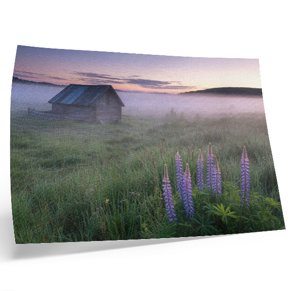 Arte de pared Cabaña de madera pintoresca niebla flores naturaleza