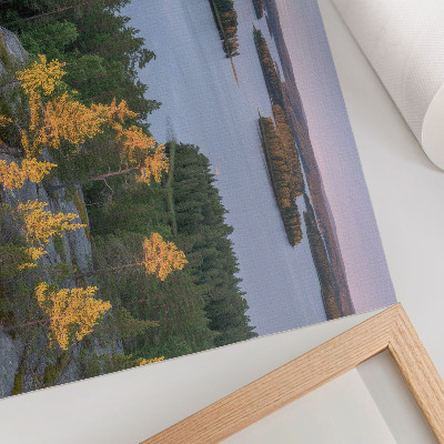 Póster Isla de bosque de pinos, lago, cielo pastel