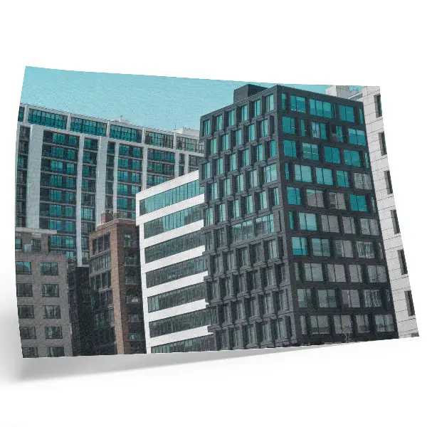 Póster edificios modernos con armonía geométrica de vidrio