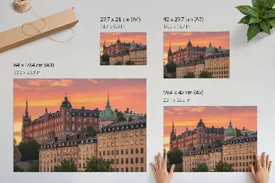 Arte de pared puesta de sol con edificios de ambiente histórico
