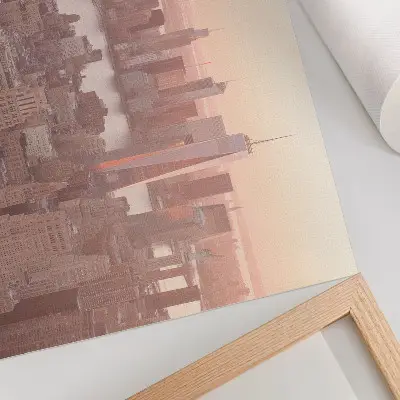 Arte de pared altos rascacielos al atardecer con colores cálidos