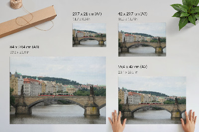 Póster Un puente sobre el río con un tranvía, rodeado de arquitectura clásica.