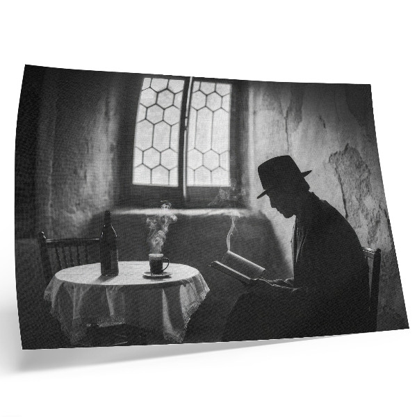 Póster Ambiente en blanco y negro, hombre con un libro, elegancia clásica.