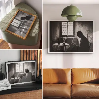 Póster ambiente en blanco y negro con un hombre leyendo un libro de estilo clásico
