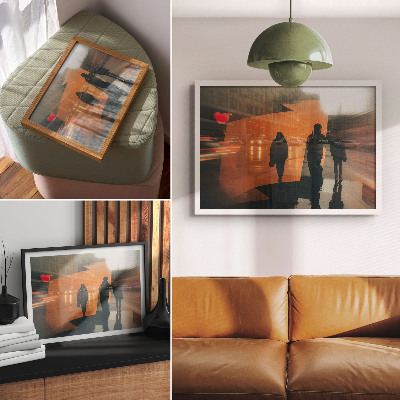 Lámina para cuadro La ciudad al atardecer, reflejos de color naranja neón.