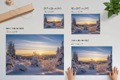 Arte de pared Paisaje invernal con nieve y sol en el horizonte.