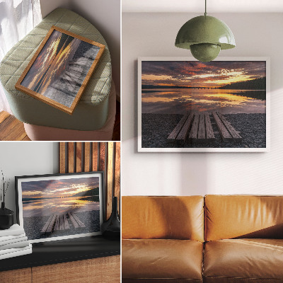 Arte de pared Lago al atardecer, cálidos colores de madera.
