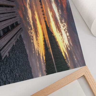 Arte de pared Lago al atardecer, cálidos colores de madera.