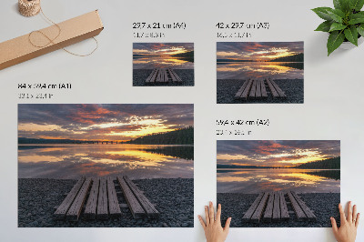 Arte de pared Lago al atardecer, cálidos colores de madera.