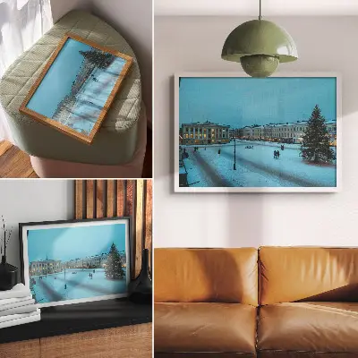 Póster paisaje invernal con arquitectura clásica y ambiente navideño