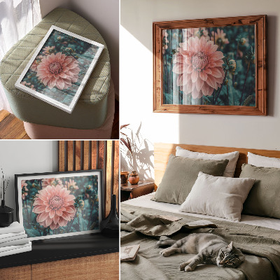 Arte de pared Composición moderna con dalias rosas y hojas verdes.