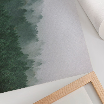 Arte de pared Un panorama brumoso de un bosque lleno de verde y gris.