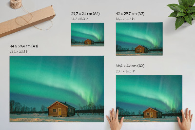 Arte de pared Auroras boreales sobre la cabaña de invierno