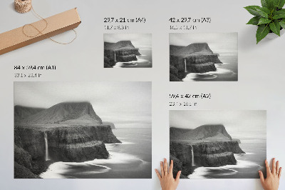 Póster Un paisaje tranquilo con una cascada y montañas.