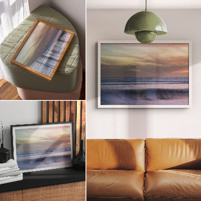 Lámina para cuadro Olas oceánicas en tonos pastel y la puesta de sol.