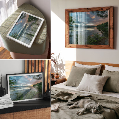Arte de pared Reflejos del lago, cielo verde, árboles tranquilos