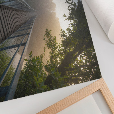 Póster Un puente entre la niebla sobre un río en un entorno verde.