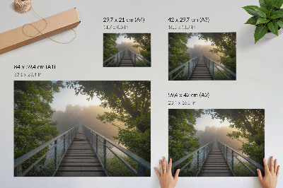 Póster Un puente entre la niebla sobre un río en un entorno verde.